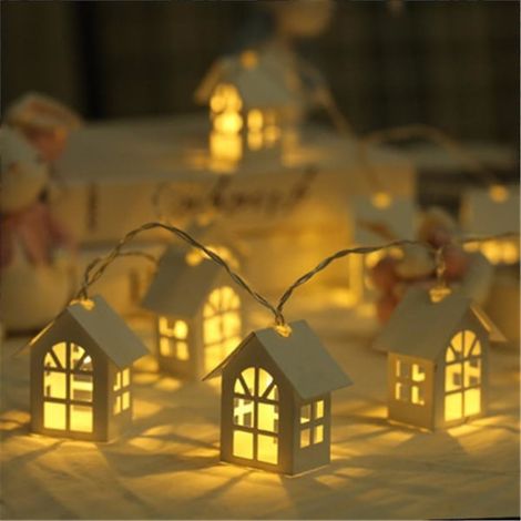 Décor lumineux de Noël 10 maisons en bois LED, guirlande de 2 mètres, bougies chaleureuses sans flamme, alimentées par piles, idéales pour fenêtre et étagère. (1/3)