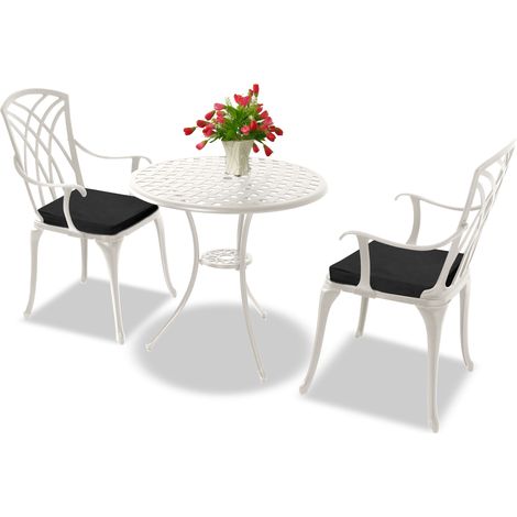 Homeology OSHOWA White Aluminium Weatherproof Outdoor Table and 2 Comfortable Chairs with Armrests Bistro Set with Black Cushions (1/5)
