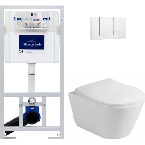 Pack WC Bâti-support Villeroy & Boch Viconnect + WC sans bride Lucco + Abattant frein de chute + Plaque Blanche ViConnectAvva-2 (1/5)