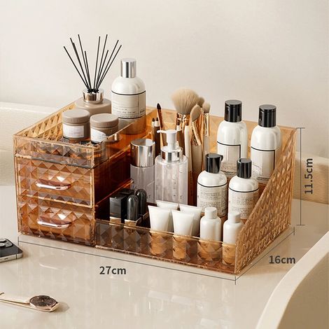 Boîte de rangement cosmétique grande capacité (marron) avec tiroir transparent (1/2)