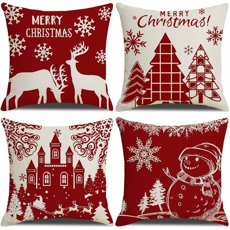 Housse de Coussin Noel 45x45cm, Lot de 4 Noël Décoratif Canapé en Coton et Lin Noël pour Canapé Lit Chambre Chaise Jardin-Décoration Noël Rouge