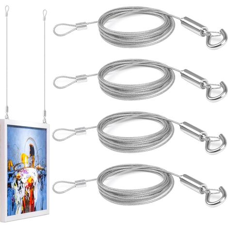 4 Pieces Steel Photo Cable, 2 m × 0.3 cm Steel Photo Hanging Rope, Adjustable Metal Cable Wire Hanging, for Photo Frame, Clothing, Curtains Lights (1/5)