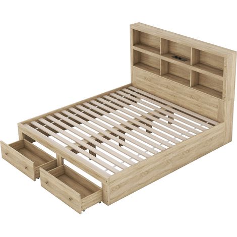 Cama doble 160 x 200 cm de tablero de partículas con cabecero con almacenaje natural HOMVRA (1/5)