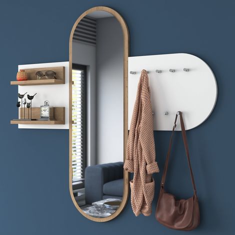Wandgarderobe Wächter, mit Spiegel, 9 Haken, Wandmontage, 120h cm Weiß (1/5)