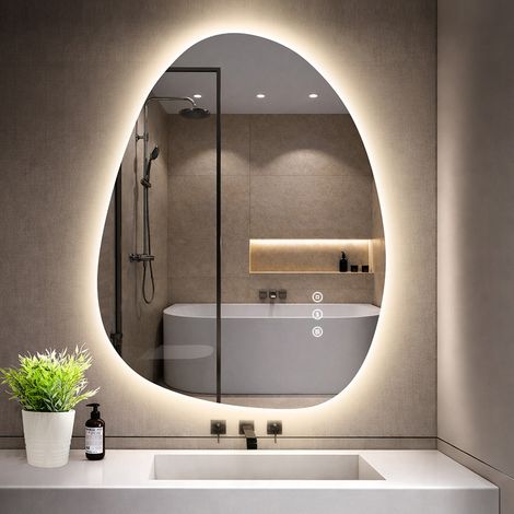 Miroir asymétrique GIMBELEN avec éclairage 60×45 cm, anti-buée, 3 couleurs de lumière, variateur, étanche IP44, miroir LED à interrupteur tactile, fonction mémoire, montage horizontal/vertical. (1/5)