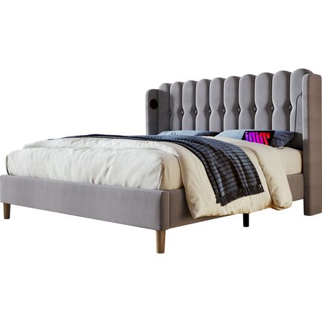 Letto Imbottito Letto Matrimoniale 160×200 cm con USB, Tipo C e Testiera Imbottita, Materasso Incluso, Grigio (1/5)