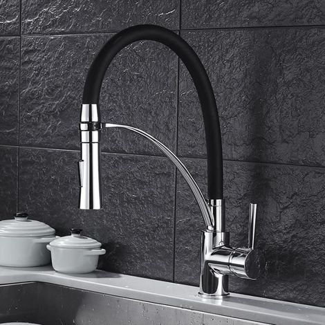 Robinet Cuisine mitigeur avec douchette Extractible en Silicone Noir Rabattable 360° Mitigeur pour Evier Chromé à Bras Rotat (1/4)