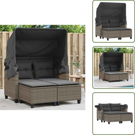 The Living Store Gartensofa 2-Sitzer mit Dach und Hockern Grau Poly Rattan - Gartensofa - Outdoor Möbel - Gartenmöbel - Rattan Gartenmöbel - Lounge Set (1/5)
