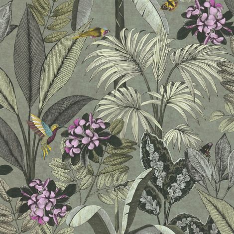 Empapelado con pájaros Profhome 387382 papel pintado no tejido liso sin textura liso con colibríes mate verde rosa amarillo turquesa 5,33 m2
