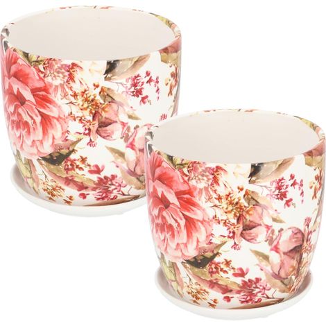 KOTARBAU Lot de 2 pots de fleurs en céramique pour fleurs, plantes, diamètre 17 cm avec bac d'égouttement et fleurs (1/5)