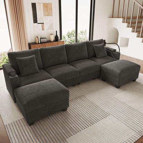 Wohnlandschaft U-Form mit Schlaffunktion, Modulares Cordsofa, Ecksofa mit Handyhalter und USB-Ladeanschluss, geeignet für Wohnzimmer, Schlafzimmer und Wohnung, Gray (1/5)