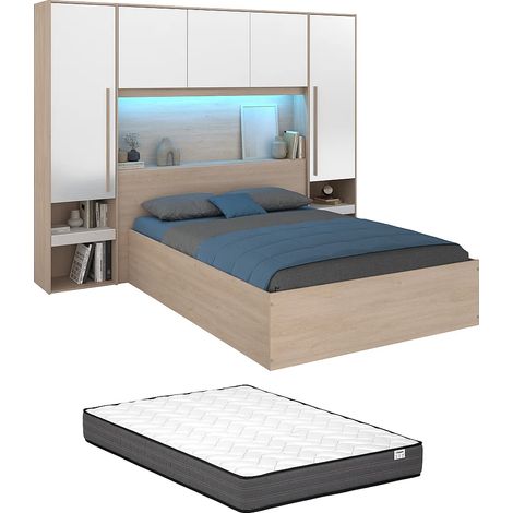 Lit coffre 140 x 190 cm avec pont de lit - Avec LEDs - Blanc brillant et naturel + Matelas - VELONA (1/5)