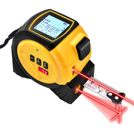 3-in-1 Laser-Entfernungsmesser, 60-m-Entfernungsmesser, 5-m-Maßband, Flächen-/Volumen-/Satz-des-Pythagoras-Messung, ±2 mm Genauigkeit (LCD-Bildschirm)
