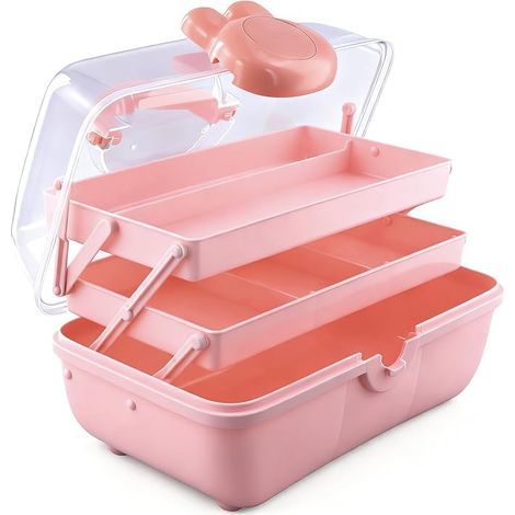 3-Layer Storage Box, Plastic Medicine Box with Handle, Capacity Organizer for Medicine, Makeup, Sewing, Tools, 27.5 x 15 x 14.5 cm, Pink