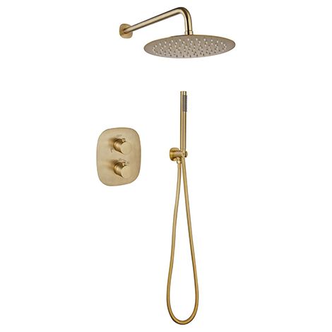 Edouard Rousseau – Colonne de douche thermostatique murale – Tête rectangulaire 250 x 100 mm en inox – Douchette laiton brossé – Mitigeur thermostatique encastré