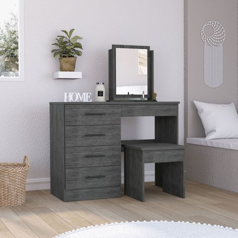 Tavolo da trucco Kaia con specchio e sedia inclusi, dimensioni 126,7 cm L x 100 cm P x 42,5 cm H, finitura in rovere grigio (1/5)