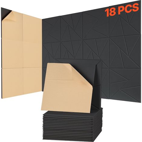 Panneau Acoustique, Lot de 18, Mousse Acoustique Mural Autocollant 30x30x1 cm Panneaux Insonorisants en Fibre de Polyester Haute Densité, Isolation Phonique pour Maison, Studio, Bureau, Noir (1/5)