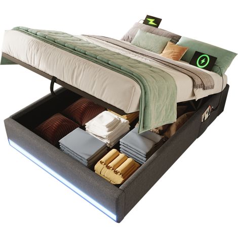 Lit coffre 90x200 capitonné gris, lit simple avec LED, ports USB/Type-C et poches de rangement, design sans tête de lit. (1/5)