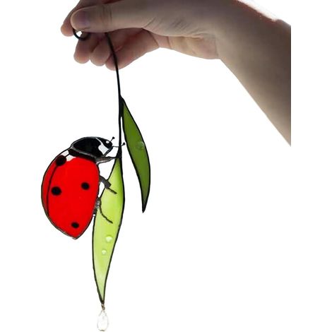 Ladybird and Leaf Suncatcher Stained Glass Window Hanger Spring Summer Wall Art Element Window Hanging for Home Garden Fence Decor (1/5)