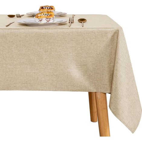 Abwaschbare Tischdecke Leinenoptik 180x135 cm Beige mit Lotuseffekt