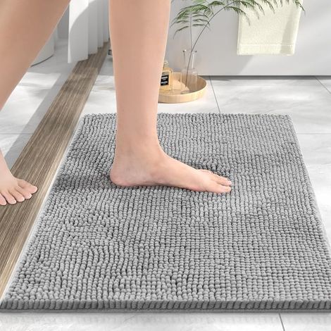 Tapis de Bain en Chenille, 60x40cm Tapis de Douche Super Absorbant, Tapis Salle de Bain Antidérapant, Décoratif Lavable en Machine, pour Douche et Baignoire, Gris (1/5)