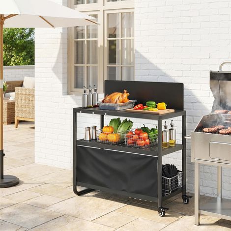 Carrito móvil de barbacoa de jardín con paravientos, 3 niveles, cortina Oxford, 100x46x110cm, negro