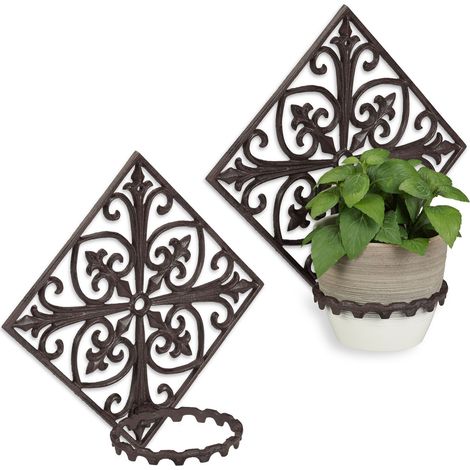 2x Portavasi da Parete in Ghisa, da Appendere, per il Giardino, Ø 13 cm, Decorativo, da Esterno, Marrone Scuro