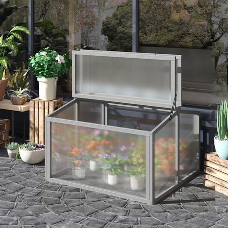 Châssis froid, serre, bac à plantes avec couvercle en bois et polycarbonate, résistant aux intempéries, gris clair, 90 x 80 x 58 cm (1/5)