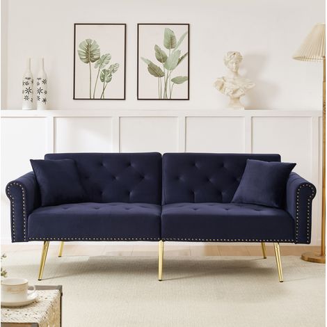 Canapé convertible 2 places avec dossier réglable 3 positions, en velours bleu antique, 173x75x70 cm (1/5)