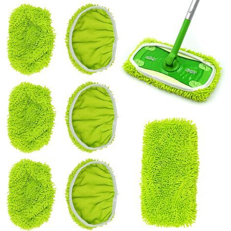 Tampons Humides en Chenille Réutilisables,Compatibles avec Recharges pour Balai Swiffer Wet Jet Mop Amovibles et lavables en Serpillères Chiffons pour Utilisation Humide et sèche Vert 6 CPS (1/5)