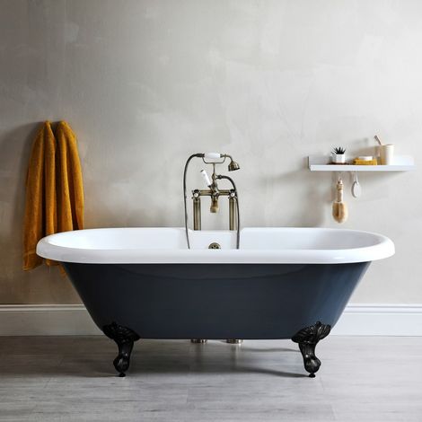 Hudson Reed – Baignoire îlot double dos 179,5x78,5cm – Acrylique Lucite gris pierre – Pieds noirs – Capacité 192 litres – Garantie 10 ans
