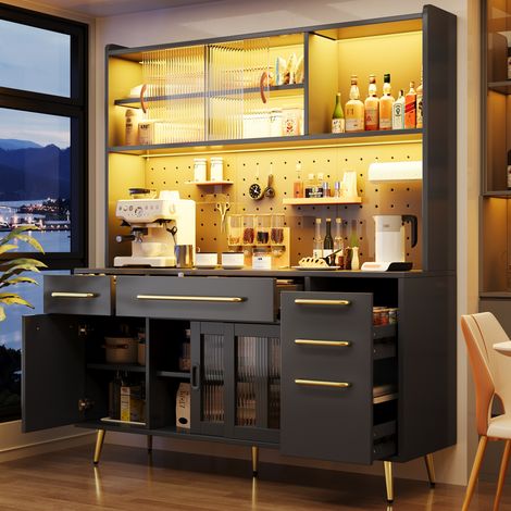Hoher Küchenschrank 145x39x171 cm aus MDF, Glas, schwarzem Metall mit LED – MEUBLIV (1/5)