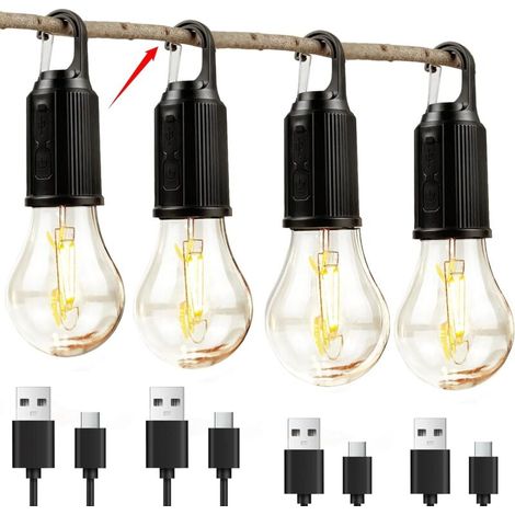 Lot de 4 lampes de camping rechargeables, ampoules pour tente avec crochet de suspension, fonction minuterie, idéales pour la randonnée, le camping et les situations d'urgence (noir)617.8cm