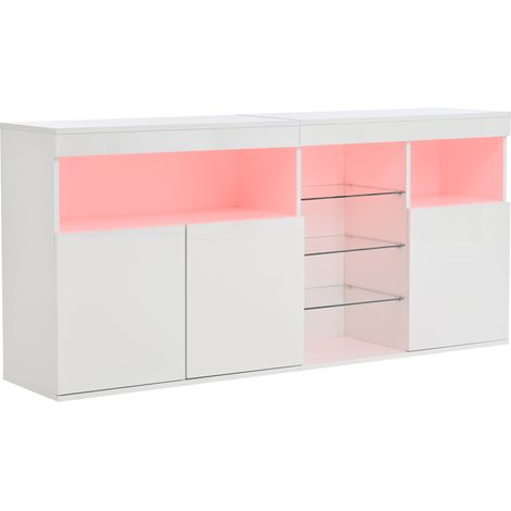Aparador de salón blanco 155,5 x 35 x 72 cm con LED y puertas de vidrio (1/5)
