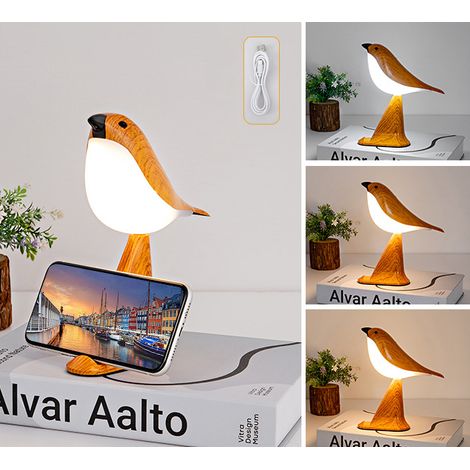 Lampe veilleuse tactile de table, en forme d'oiseau, lampe de chevet support pour téléphone portable, avec aromathérapie, gradation continue (jaune) (1/5)