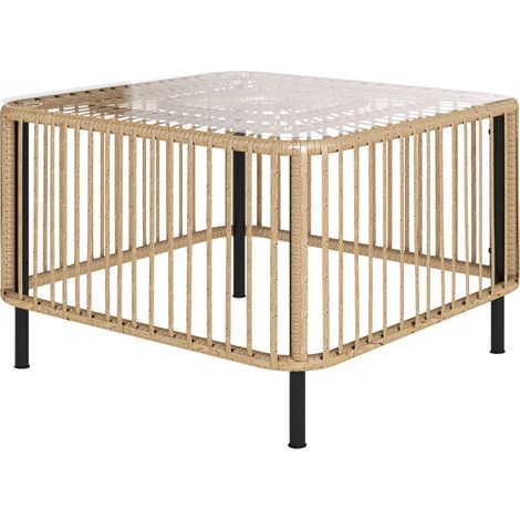 Polyrattan-Gartentisch 65x65x43 cm, wetterfest, quadratischer Beistelltisch mit Glasplatte, Couchtisch/Balkontisch für Garten, Terrasse & Balkon, Naturholz