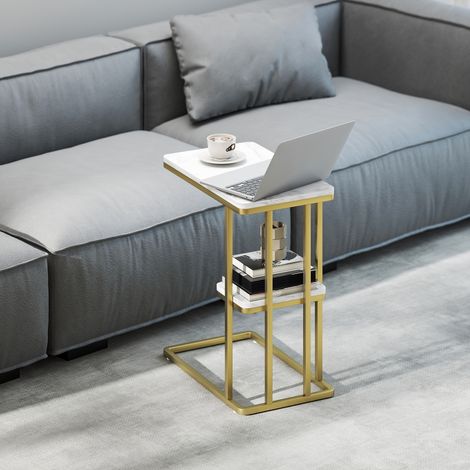 Table d'appoint étroite en forme de C avec étagère, table de chevet moderne, 50 x 30 x 57,5 cm, effet marbre blanc