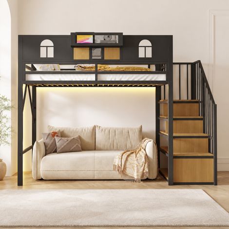 Lit mezzanine en métal 90 x 200 cm noir avec escalier de rangement, étagère et fenêtres (1/5)