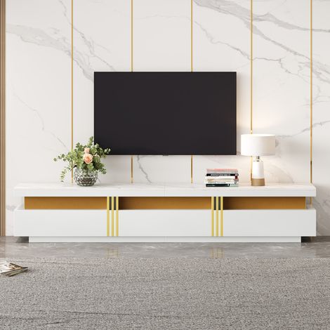 Luxury TV Stand with Faux Marble Top, TV Cabinet Golden Panel Design, and 3 Drawers for Televisions Up to 89'', Entertainment Center for Living Room, White (1/5)