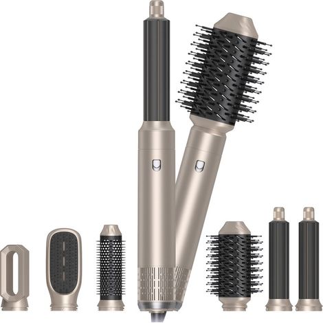 Brosse Soufflante 6-en-1 1000W - 6 Embouts Interchangeables, 3 Températures 50-105°C, Céramique Tourmaline - Pour Lissage, Boucles, Séchage - Doré