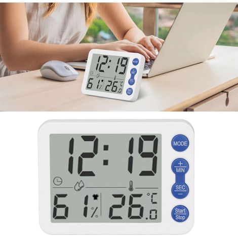 Thermomètre et hygromètre d'intérieur multifonctionnel avec grand écran numérique, horloge originale, réveil, minuteur, boîtier blanc avec boutons bleus (1/5)