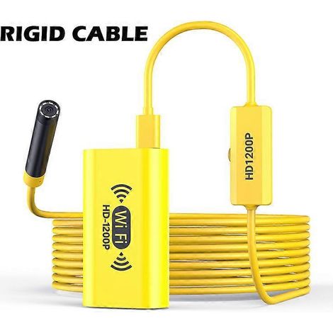 Endoscope Wi-Fi HD 2 MP, objectif 8 mm, mini caméra sans fil pour l'inspection de tuyaux et de moteurs, 8 LED réglables, compatible iPhone, Android et PC, câble rigide jaune de 1 m. (1/5)