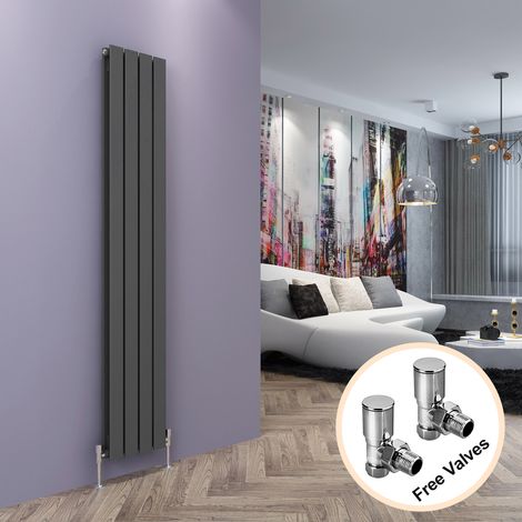 ELEGANT Vertical Designer Radiator Flat Panel + Angled Radiator Valves 1800 x 300 mm Anthracite Double (1/5)