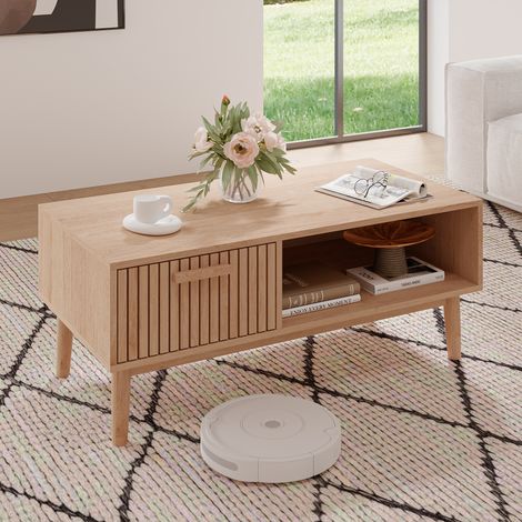 Fortuna Lai – Table basse rectangulaire 100x50x43cm – MDF finition bois naturel – 1 tiroir et 1 niche de rangement – Design vintage élégant (1/5)