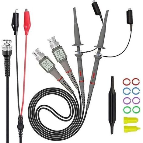 ALLIANDISSonde d'oscilloscope universelle avec Kit d'accessoires, sondes à pince d'oscilloscope 100MHz avec Kit de cables de Test BNC vers Minigrabber,(Avec kit de prise male BNC) (1/2)