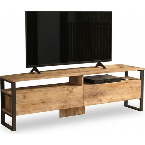 Meuble TV 70 Pouces 2 Portes 4 Niches Chêne Pieds Métal L 180 H 56.1 P 36 cm (1/5)