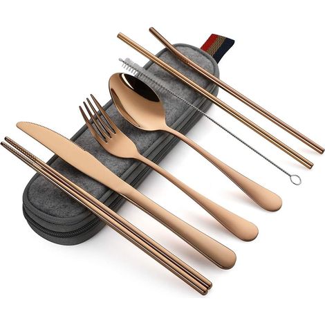 Couverts Voyage - Ensemble 8 Pièces Acier Inoxydable - Camping Pique-Nique Bureau - Avec Étui Transport - 1 Couteau 1 Fourchette 1 Cuillère 2 Baguettes 2 Pailles 1 Goupillon (1/5)