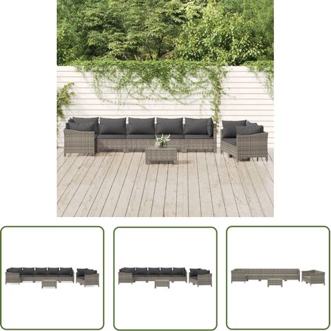 The Living Store Salon de jardin 9 pcs avec coussins Gris Résine tressée - Salon De Jardin - Mobilier De Jardin - Set De Salon Extérieur - Meubles De Jardin - Chaise Lounge (1/5)