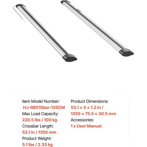 Barras de techo, capacidad de carga de 220 lb, aleación de aluminio duradera, 135 cm (1/2)