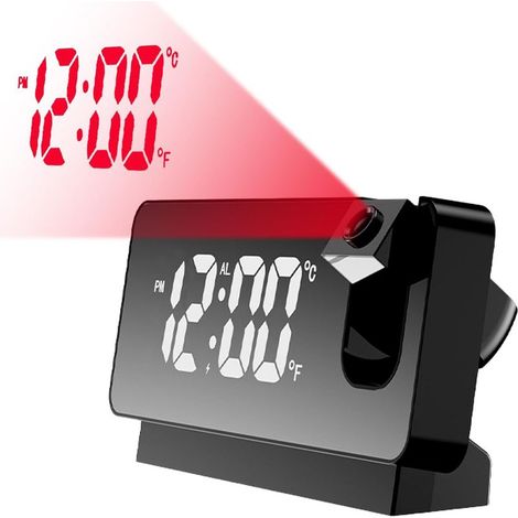 (noir) Réveil à projection 180°, réveil numérique avec grand écran LED, réveil analogique sans tic tac avec date de température, réveil numérique pour chambre à coucher (1/5)